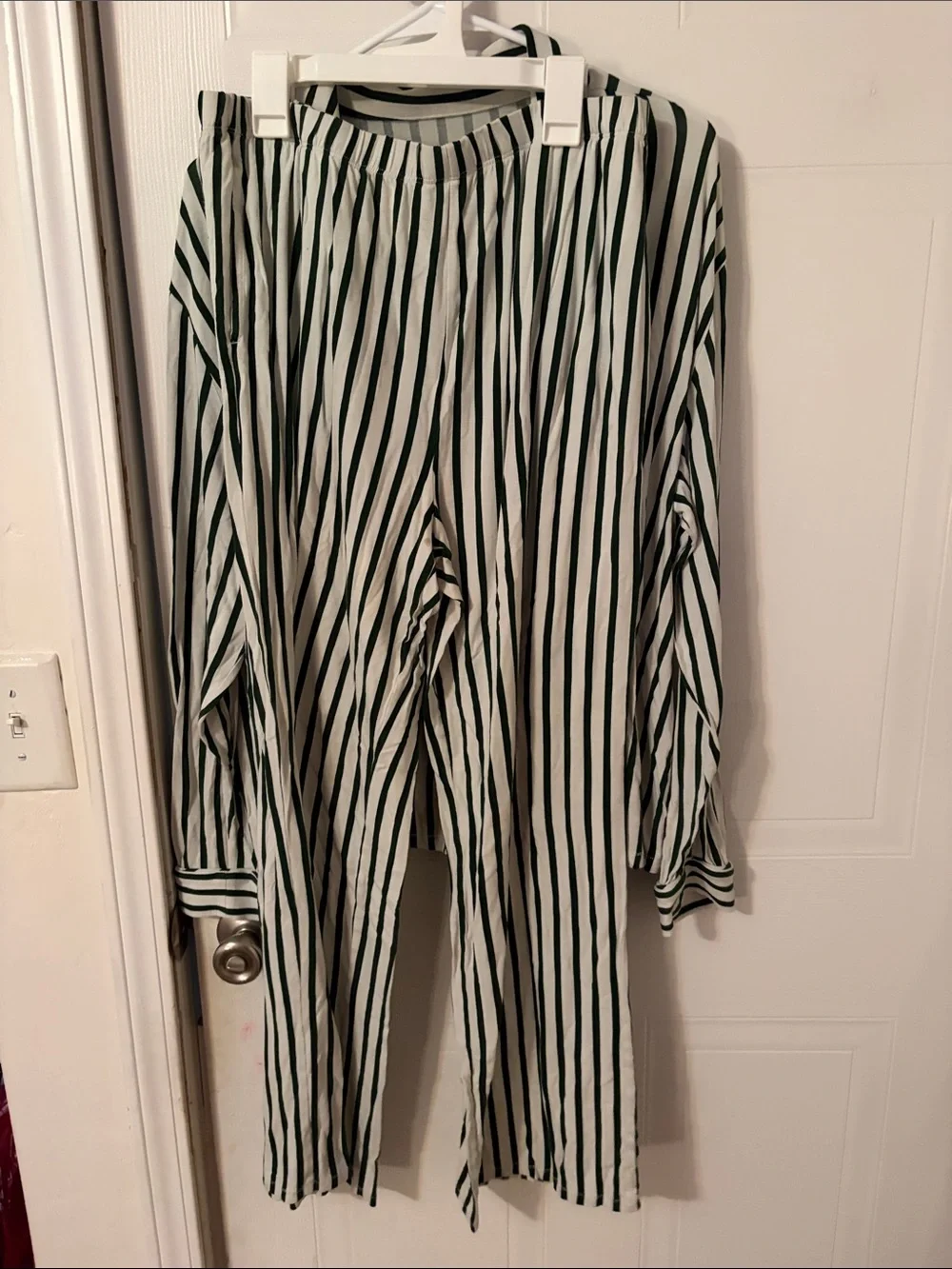 Striped Button-Up Top and Matching Pants Set - Green on White